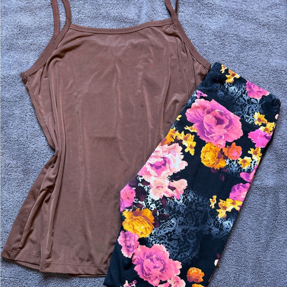 LuLaRoe solid brown cami & rare print legging